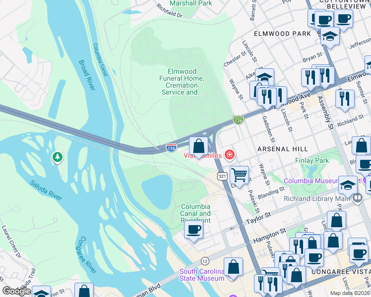 map of restaurants, bars, coffee shops, grocery stores, and more near 308 Erie Street in Columbia