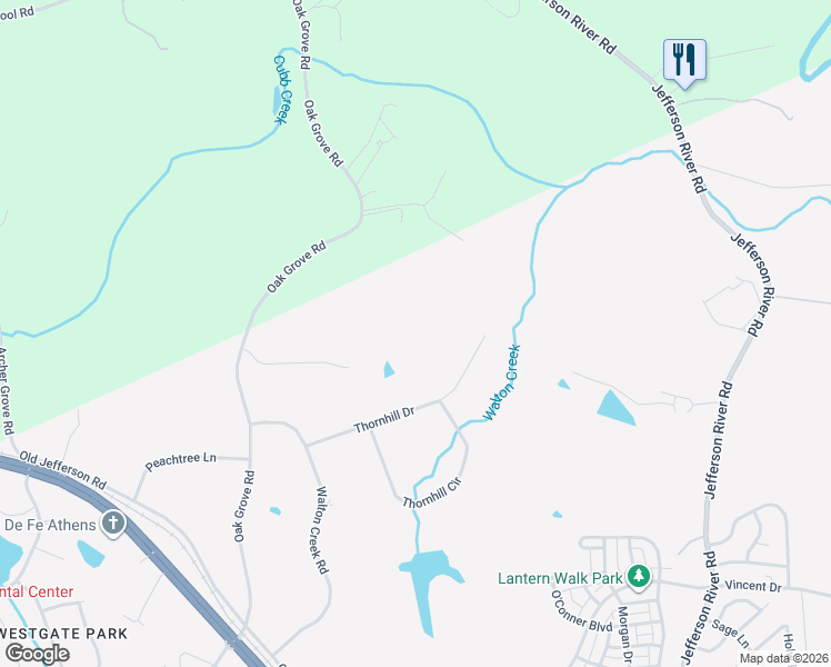 map of restaurants, bars, coffee shops, grocery stores, and more near 161 Thornhill Drive in Athens