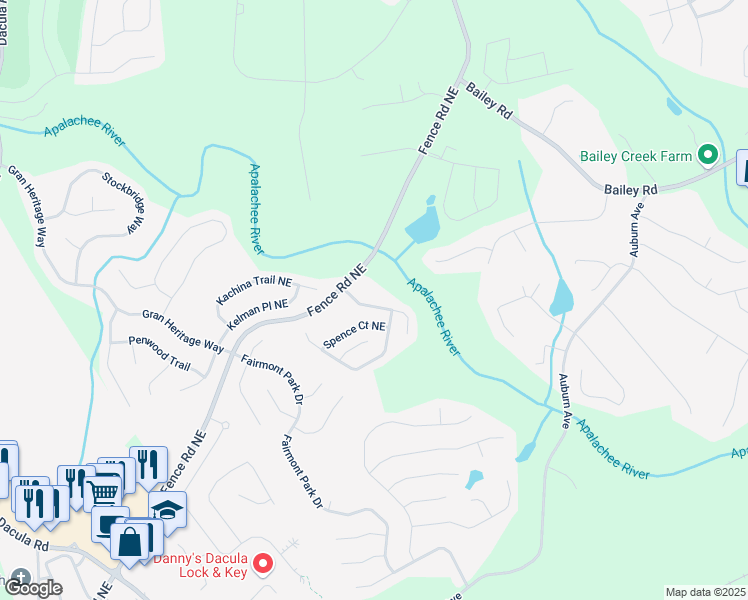 map of restaurants, bars, coffee shops, grocery stores, and more near 237 River Pass Court Northeast in Dacula