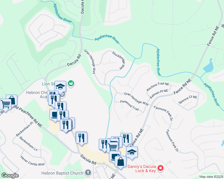 map of restaurants, bars, coffee shops, grocery stores, and more near 570 Gran Heritage Way in Dacula