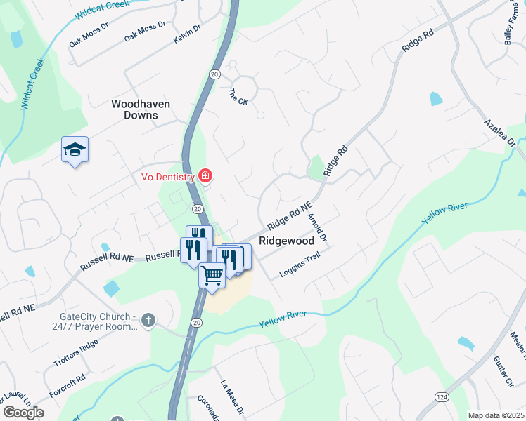 map of restaurants, bars, coffee shops, grocery stores, and more near 705 Branch Tree Way in Lawrenceville