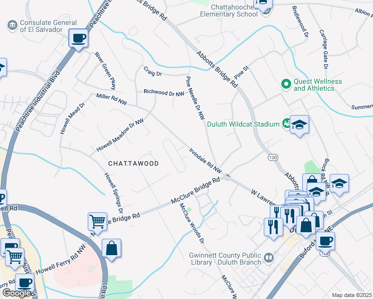 map of restaurants, bars, coffee shops, grocery stores, and more near 3202 Ivy Station Way in Duluth