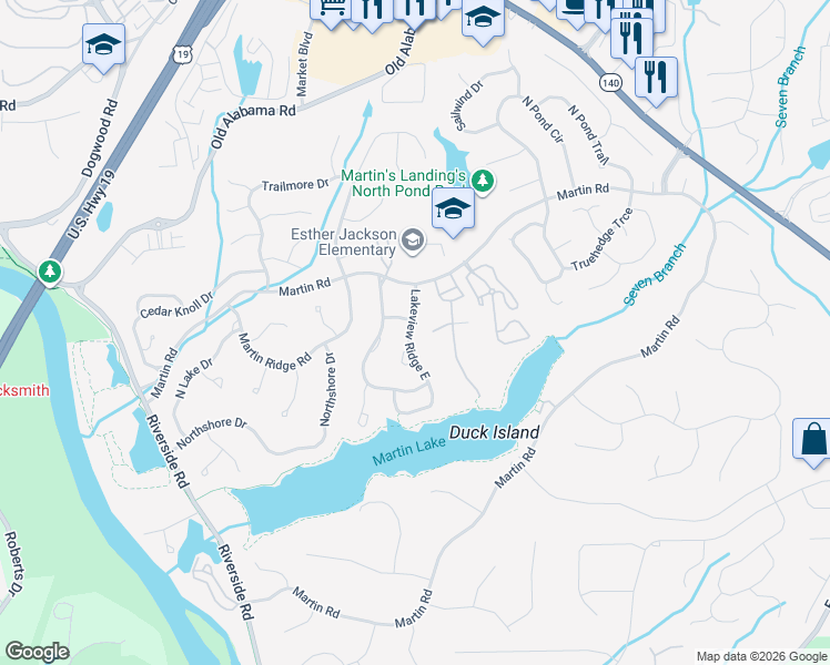 map of restaurants, bars, coffee shops, grocery stores, and more near 270 Lakeview Ridge East in Roswell