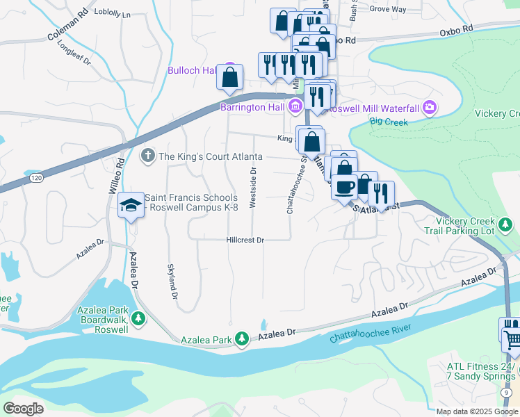 map of restaurants, bars, coffee shops, grocery stores, and more near 353 Westside Drive in Roswell