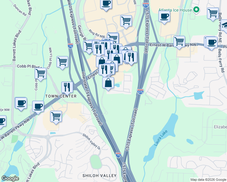 map of restaurants, bars, coffee shops, grocery stores, and more near 407 Heritage Park Trace Northwest in Kennesaw