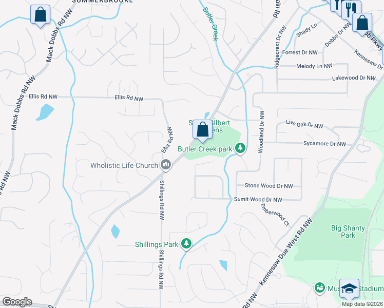 map of restaurants, bars, coffee shops, grocery stores, and more near 2549 Pine Mountain Road Northwest in Kennesaw