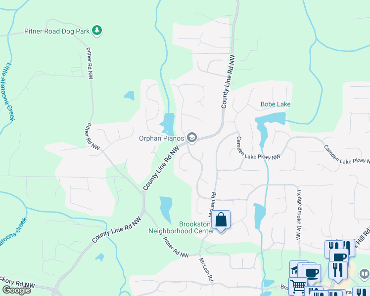 map of restaurants, bars, coffee shops, grocery stores, and more near 5669 Hollowbrooke Lane Northwest in Acworth