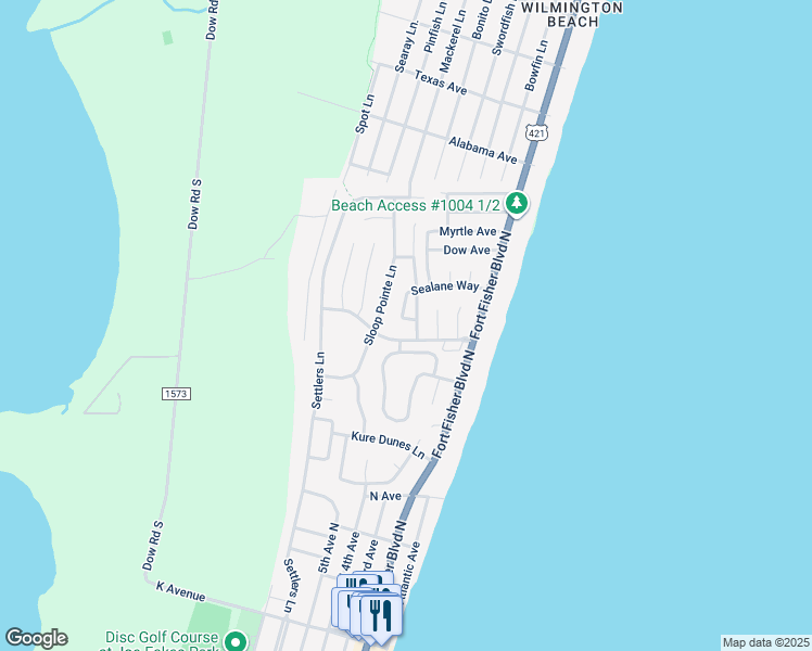 map of restaurants, bars, coffee shops, grocery stores, and more near 305 Sealane Way in Kure Beach