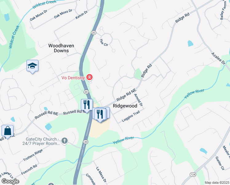 map of restaurants, bars, coffee shops, grocery stores, and more near 705 Branch Tree Way in Lawrenceville