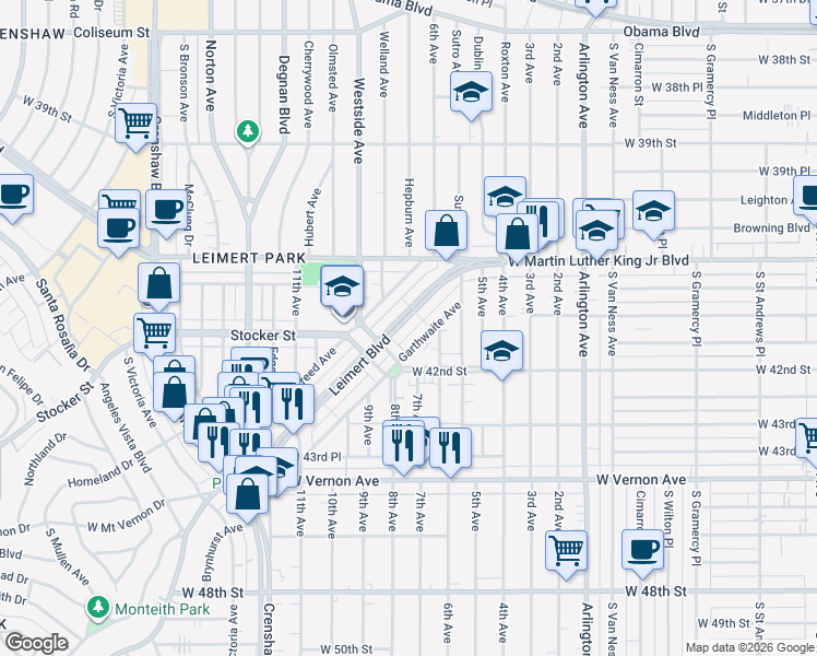 map of restaurants, bars, coffee shops, grocery stores, and more near 4180 Leimert Boulevard in Los Angeles