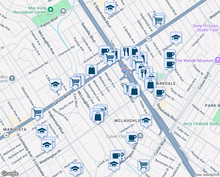map of restaurants, bars, coffee shops, grocery stores, and more near 3937 Albright Avenue in Los Angeles