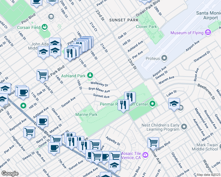 map of restaurants, bars, coffee shops, grocery stores, and more near 1744 Bryn Mawr Avenue in Santa Monica