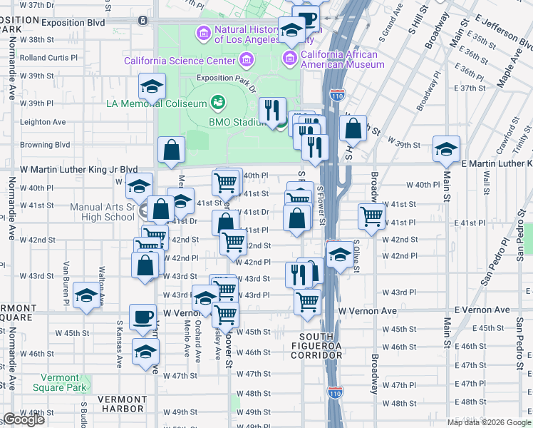 map of restaurants, bars, coffee shops, grocery stores, and more near 620 West 41st Place in Los Angeles