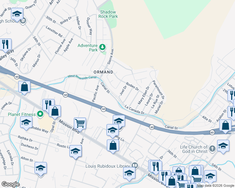 map of restaurants, bars, coffee shops, grocery stores, and more near 6041 La Canada Drive in Riverside