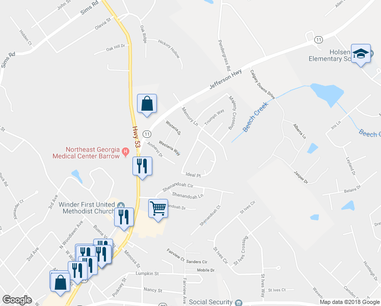 map of restaurants, bars, coffee shops, grocery stores, and more near 818 Ideal Place in Winder
