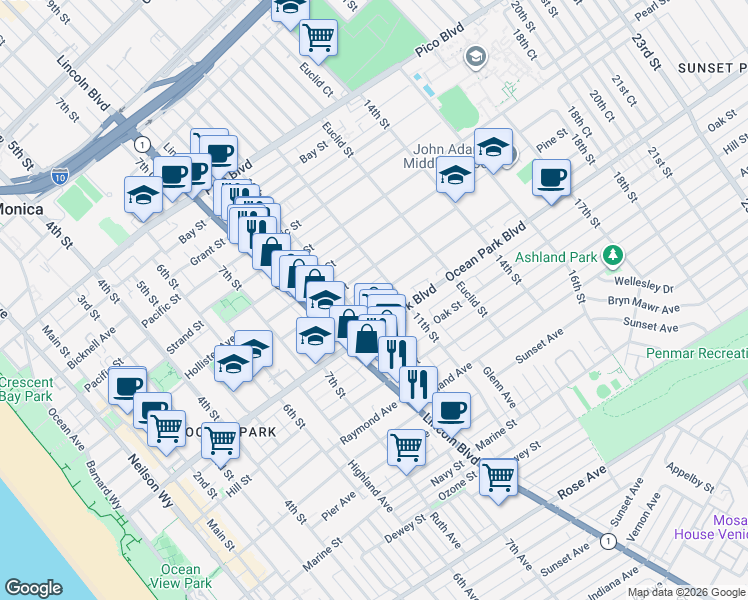 map of restaurants, bars, coffee shops, grocery stores, and more near 1024 Maple Street in Santa Monica