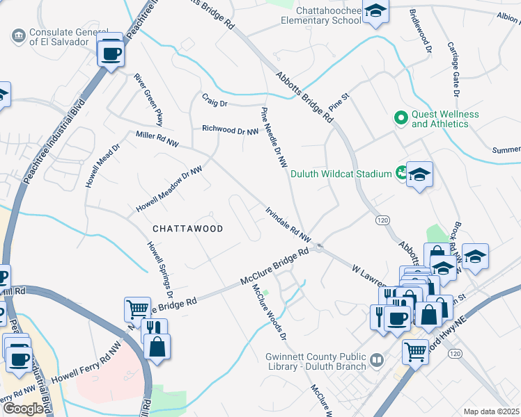 map of restaurants, bars, coffee shops, grocery stores, and more near 3202 Ivy Station Way in Duluth