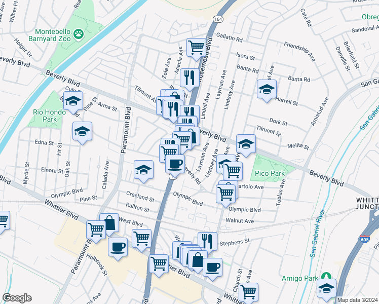 map of restaurants, bars, coffee shops, grocery stores, and more near 4518 1/2 Rosemead Boulevard in Pico Rivera