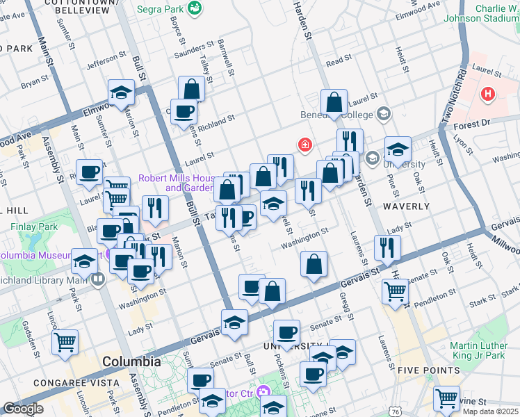 map of restaurants, bars, coffee shops, grocery stores, and more near 1705 Hampton Street in Columbia