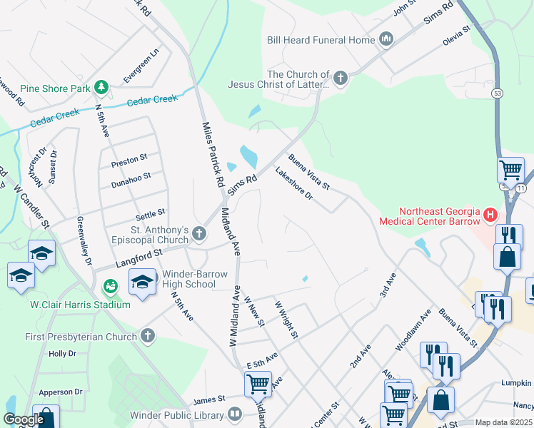 map of restaurants, bars, coffee shops, grocery stores, and more near 160 Williamsburg Way in Winder