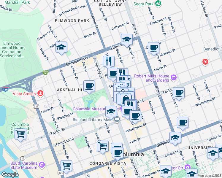map of restaurants, bars, coffee shops, grocery stores, and more near 1100 Laurel Street in Columbia