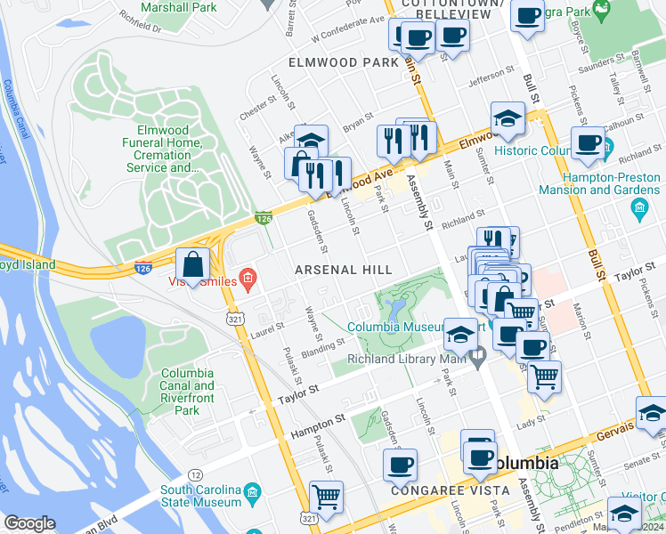 map of restaurants, bars, coffee shops, grocery stores, and more near 803 Richland St in Columbia