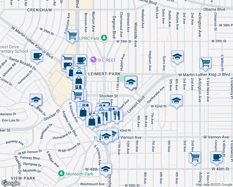 map of restaurants, bars, coffee shops, grocery stores, and more near 3301 Stocker Street in Los Angeles