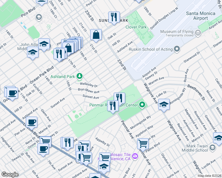 map of restaurants, bars, coffee shops, grocery stores, and more near 1812 Navy Street in Santa Monica