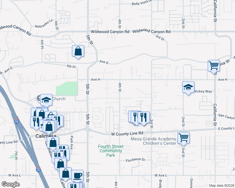 map of restaurants, bars, coffee shops, grocery stores, and more near 13530 4th Street in Yucaipa