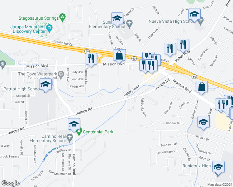 map of restaurants, bars, coffee shops, grocery stores, and more near 7159 Jurupa Road in Riverside