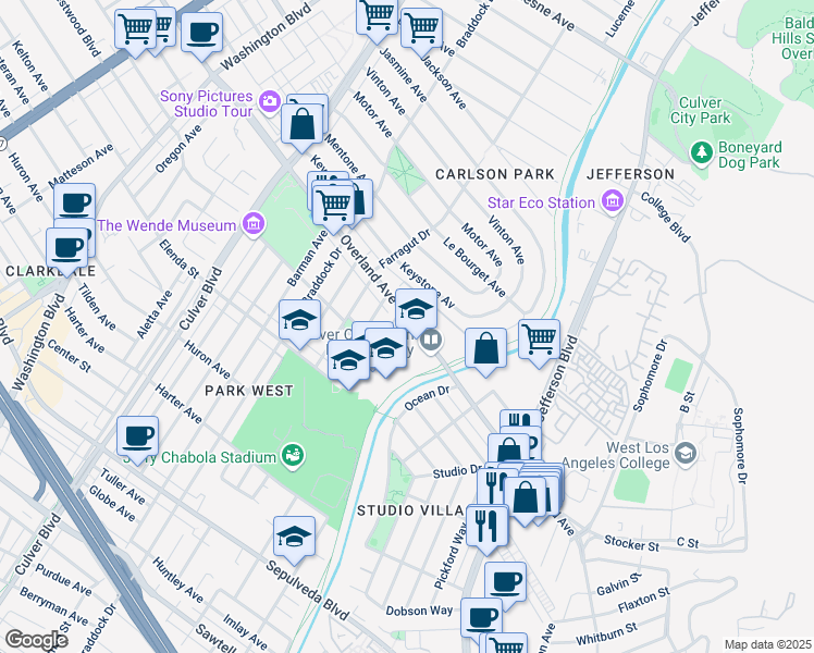 map of restaurants, bars, coffee shops, grocery stores, and more near 4543 Emerald Way in Culver City