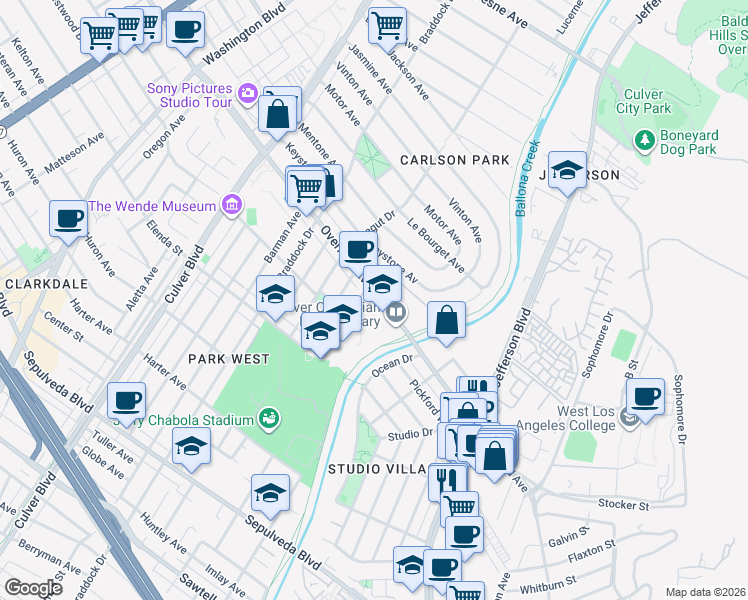 map of restaurants, bars, coffee shops, grocery stores, and more near 4543 Emerald Way in Culver City