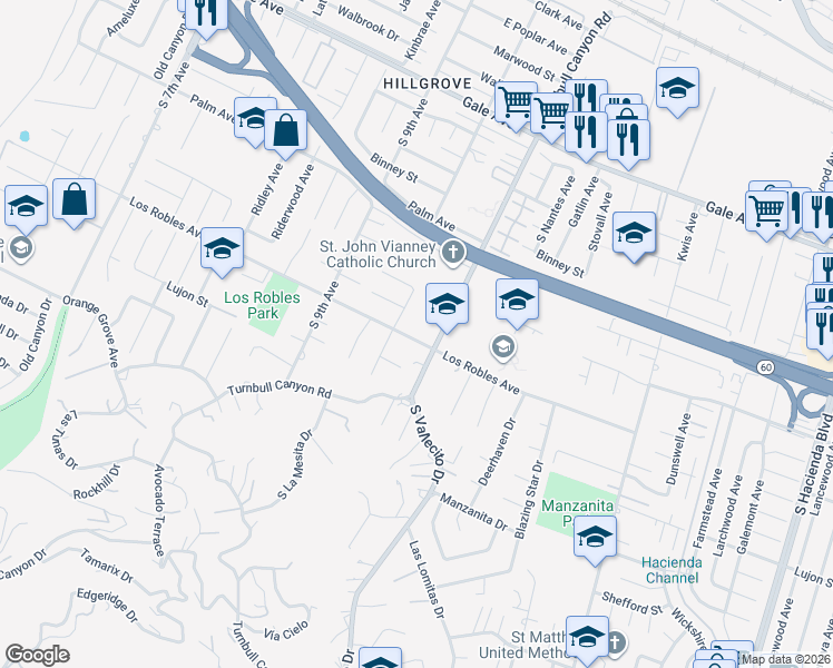 map of restaurants, bars, coffee shops, grocery stores, and more near 15121 Hollis Street in Hacienda Heights