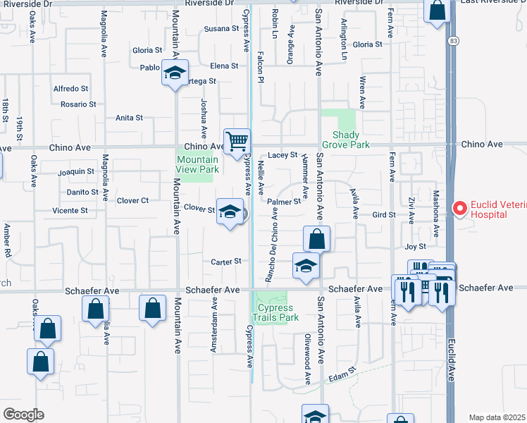 map of restaurants, bars, coffee shops, grocery stores, and more near 6526 Angelina Court in Chino