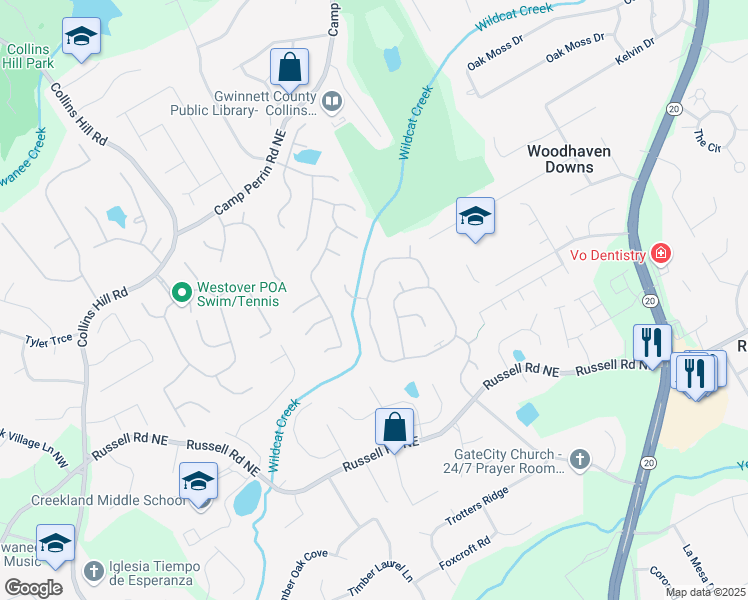 map of restaurants, bars, coffee shops, grocery stores, and more near 2205 Waters Ferry Drive in Lawrenceville