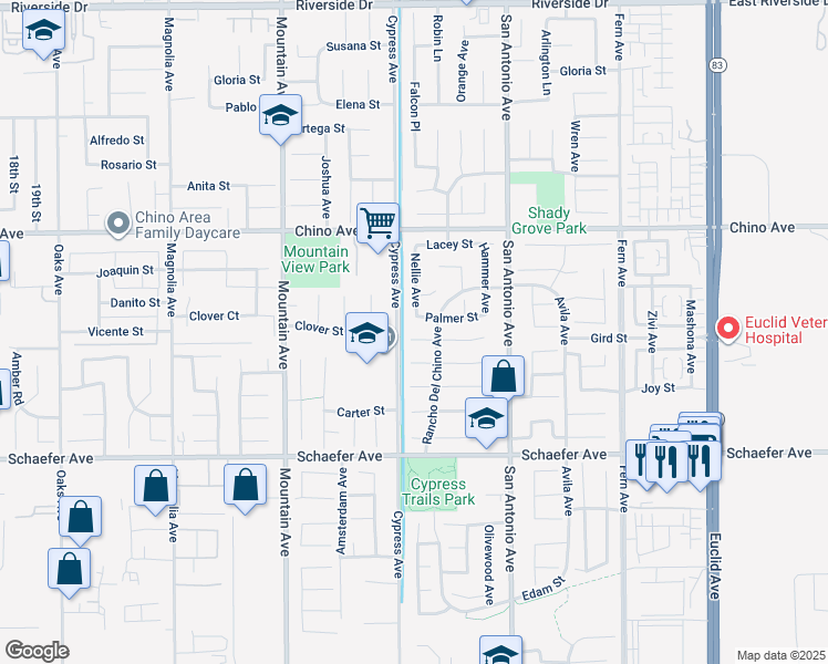 map of restaurants, bars, coffee shops, grocery stores, and more near 6514 Angelina Court in Chino