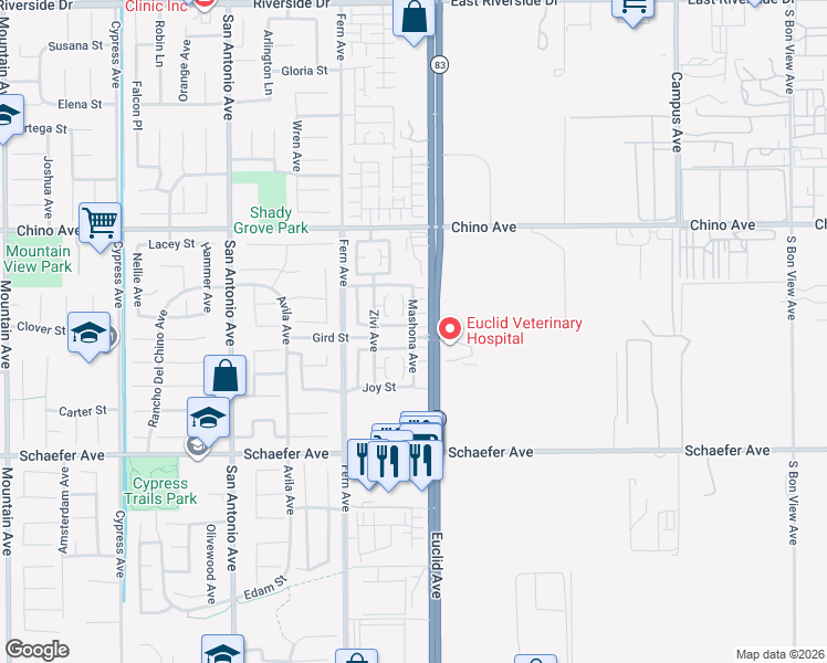 map of restaurants, bars, coffee shops, grocery stores, and more near 13525 Mashona Avenue in Chino