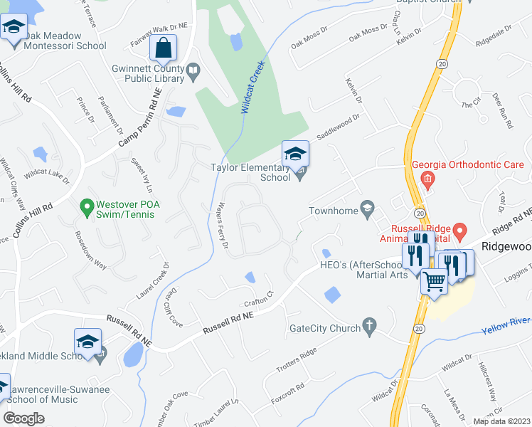 map of restaurants, bars, coffee shops, grocery stores, and more near 1895 Waters Ferry Drive Northeast in Lawrenceville