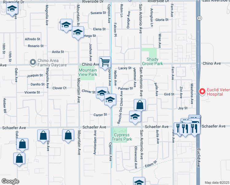 map of restaurants, bars, coffee shops, grocery stores, and more near 6514 Angelina Court in Chino