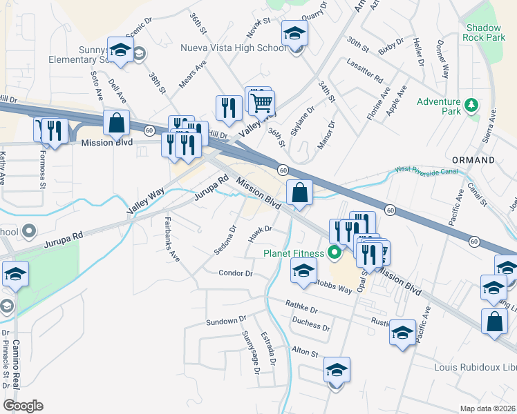 map of restaurants, bars, coffee shops, grocery stores, and more near 6600 Jewel Street in Riverside