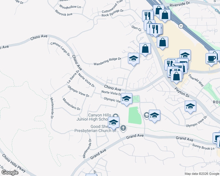 map of restaurants, bars, coffee shops, grocery stores, and more near 2431 Chino Avenue in Chino Hills