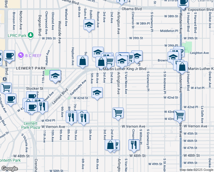 map of restaurants, bars, coffee shops, grocery stores, and more near 4180 3rd Avenue in Los Angeles