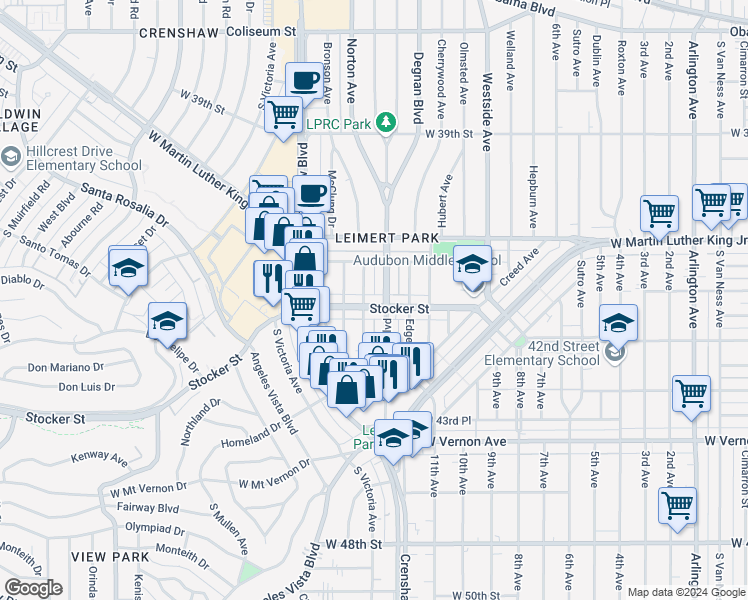 map of restaurants, bars, coffee shops, grocery stores, and more near 4212 South Norton Avenue in Los Angeles