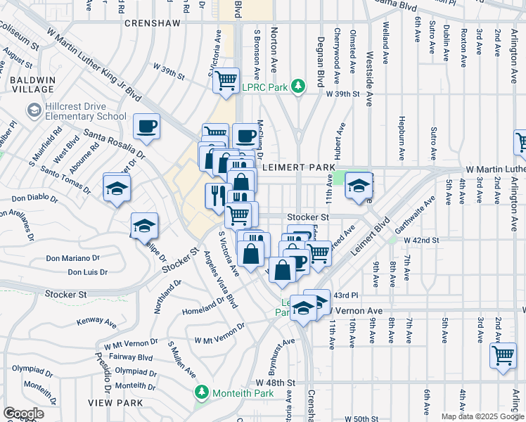 map of restaurants, bars, coffee shops, grocery stores, and more near 4213 South Bronson Avenue in Los Angeles
