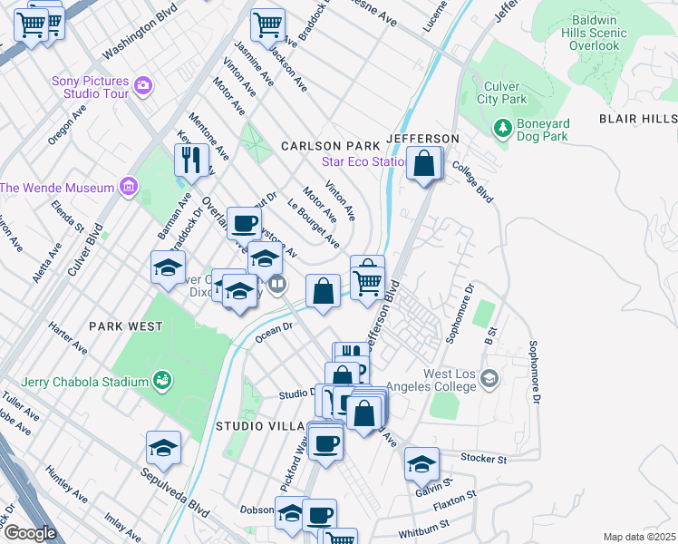 map of restaurants, bars, coffee shops, grocery stores, and more near 4518 Jasmine Avenue in Culver City