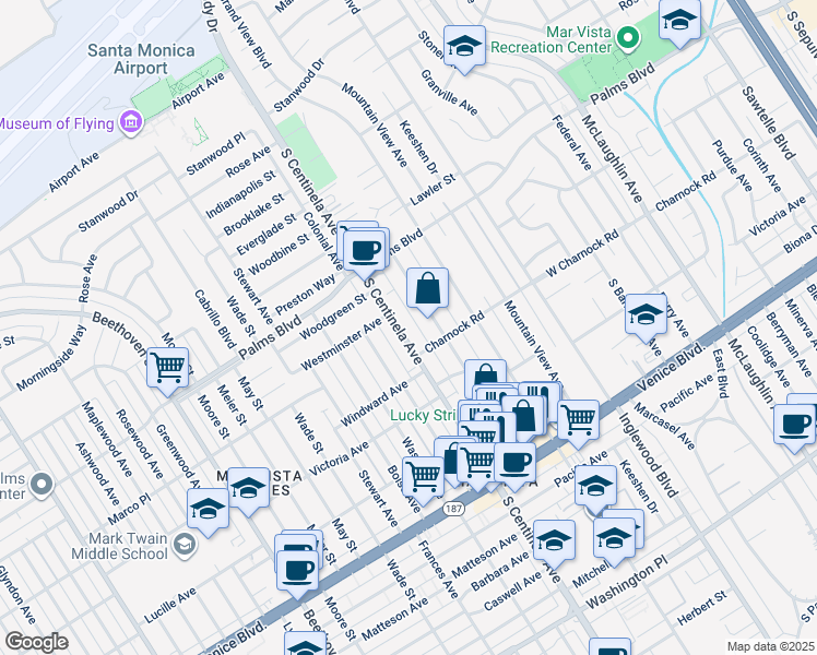 map of restaurants, bars, coffee shops, grocery stores, and more near 3605 South Centinela Avenue in Los Angeles