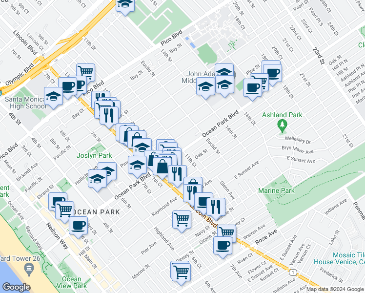map of restaurants, bars, coffee shops, grocery stores, and more near 1034 Ocean Park Boulevard in Santa Monica