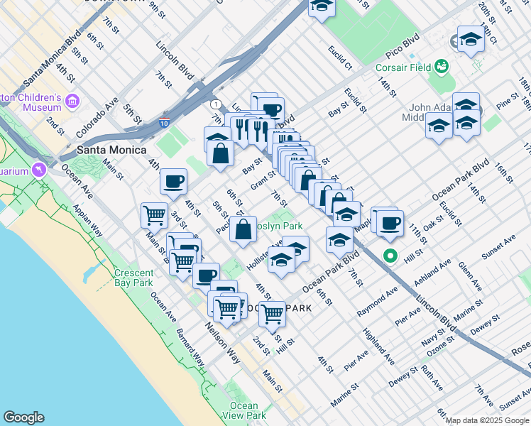map of restaurants, bars, coffee shops, grocery stores, and more near 2319 6th Street in Santa Monica