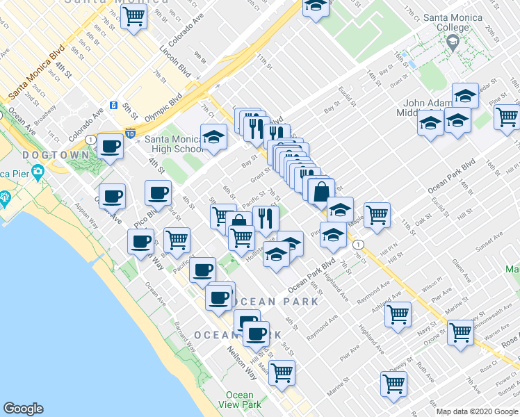 map of restaurants, bars, coffee shops, grocery stores, and more near 2319 6th Street in Santa Monica