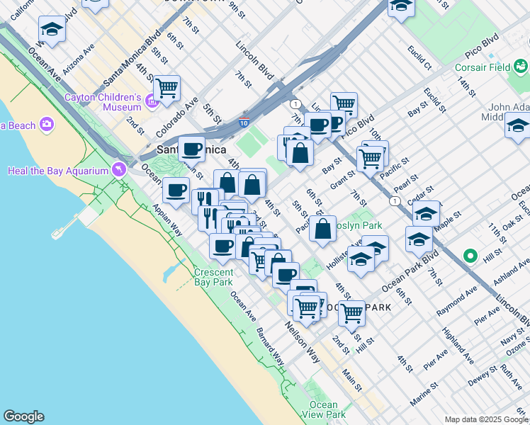map of restaurants, bars, coffee shops, grocery stores, and more near 2021 3rd Street in Santa Monica